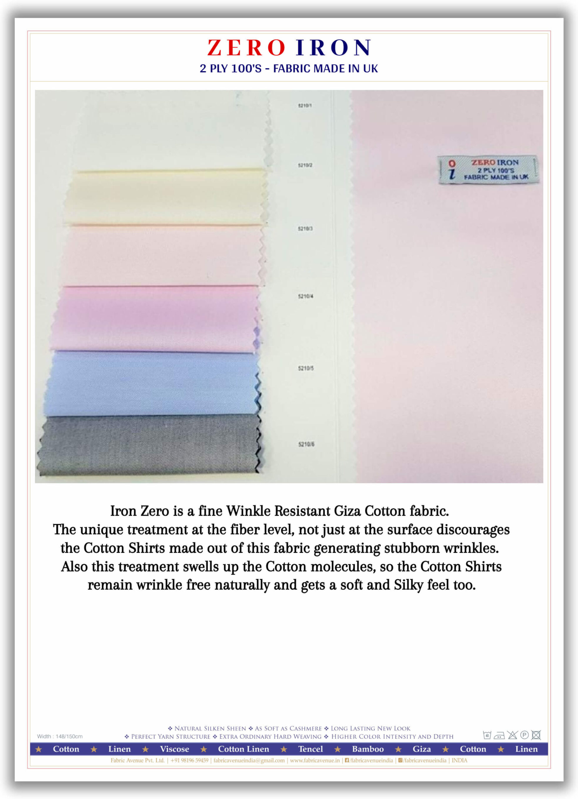Iron Zero | Fine Winkle Resistant Giza Cotton fabric | 2Ply | 6 Colour Chart